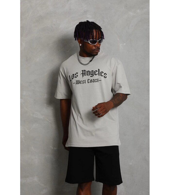 Erkek Baskılı Tişört Kısa Kol Bisiklet Yaka Oversize T-Shirt - Gri