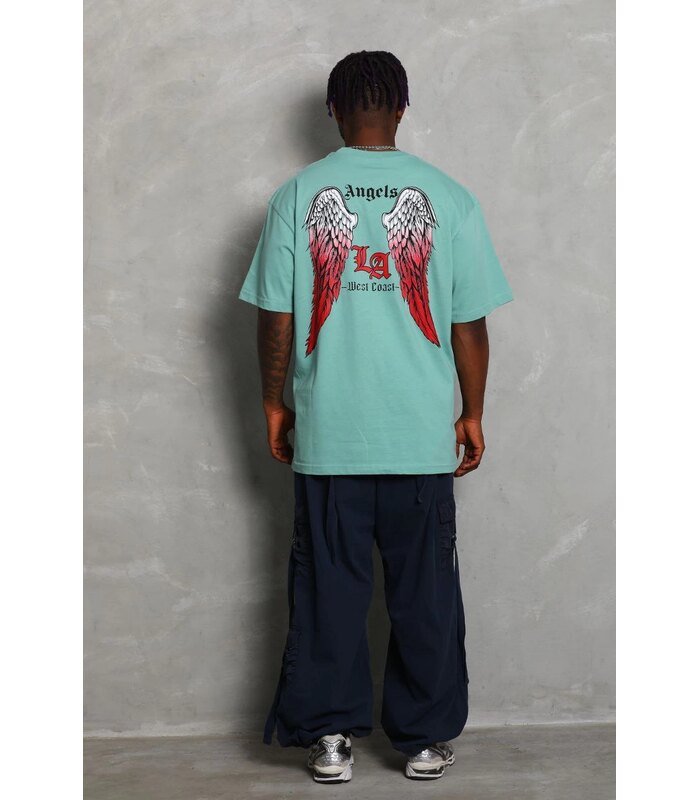 Erkek Kısa Kol Tişört Bisiklet Yaka KANAT Baskılı Oversize T-Shirt - Mint Yeşili