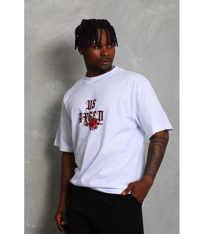 Erkek Baskılı Tişört Kısa Kol Bisiklet Yaka Oversize T-Shirt - Beyaz