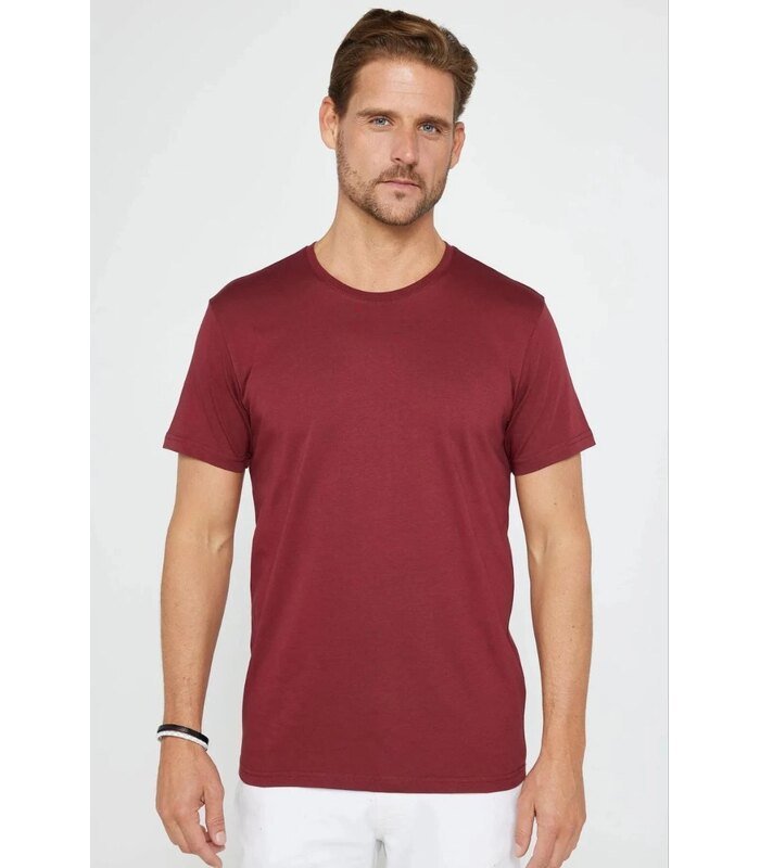 Erkek Düz Bisiklet Yaka Tişört Kısa Kol Yazlık T-Shirt - Bordo
