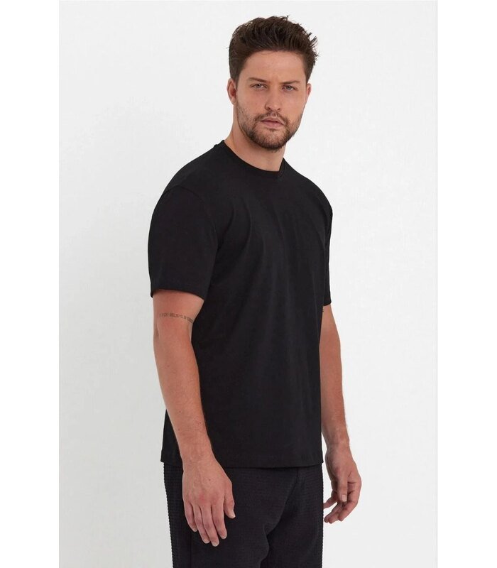 Erkek Düz Penye Tişört Bisiklet Yaka Kısa Kol Regular Fit T-Shirt - Siyah