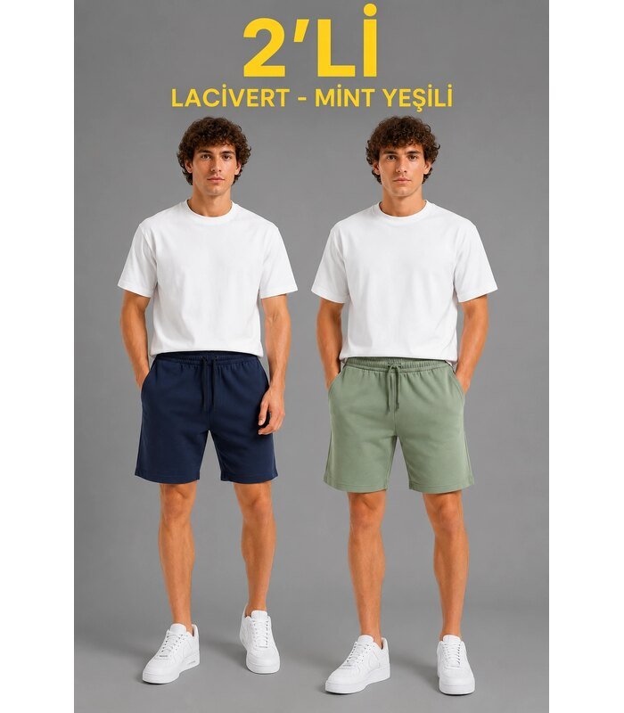 Erkek 2'li Pamuklu Şort 3 İplik Şardonsuz Cepli Lastikli Bağcıklı - Lacivert & Mint Yeşili