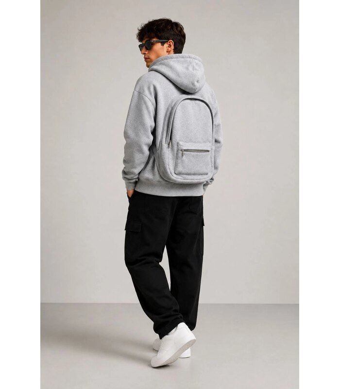 Erkek 3 İplik Şardonlu Tam Fermuarlı Kapüşonlu Arka Çanta Detaylı Sweatshirt - Gri