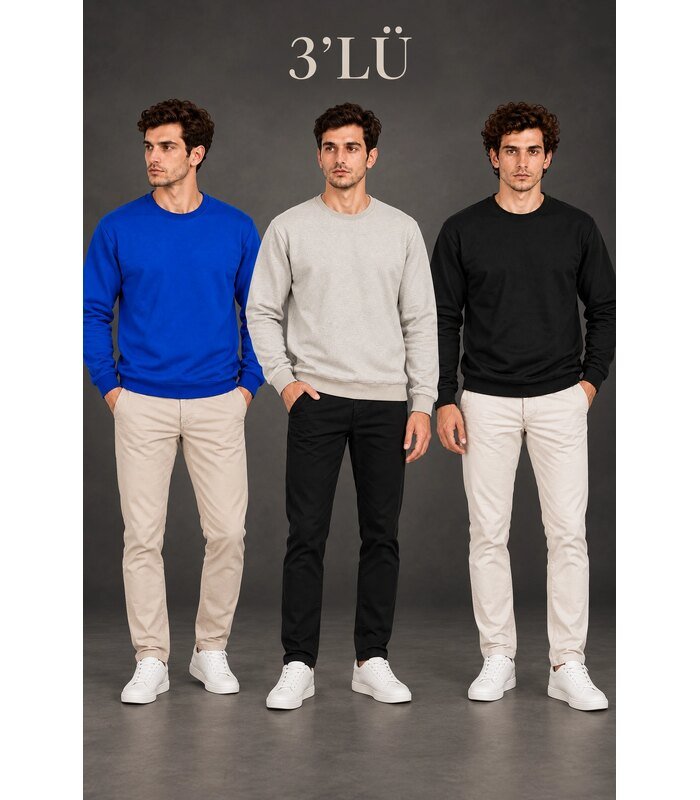 Erkek 3'Lü Bisiklet Yaka İçi Şardonlu 2 İplik Düz Uzun Kollu Regular Fit Sweatshirt -Mavi - Gri - Siyah