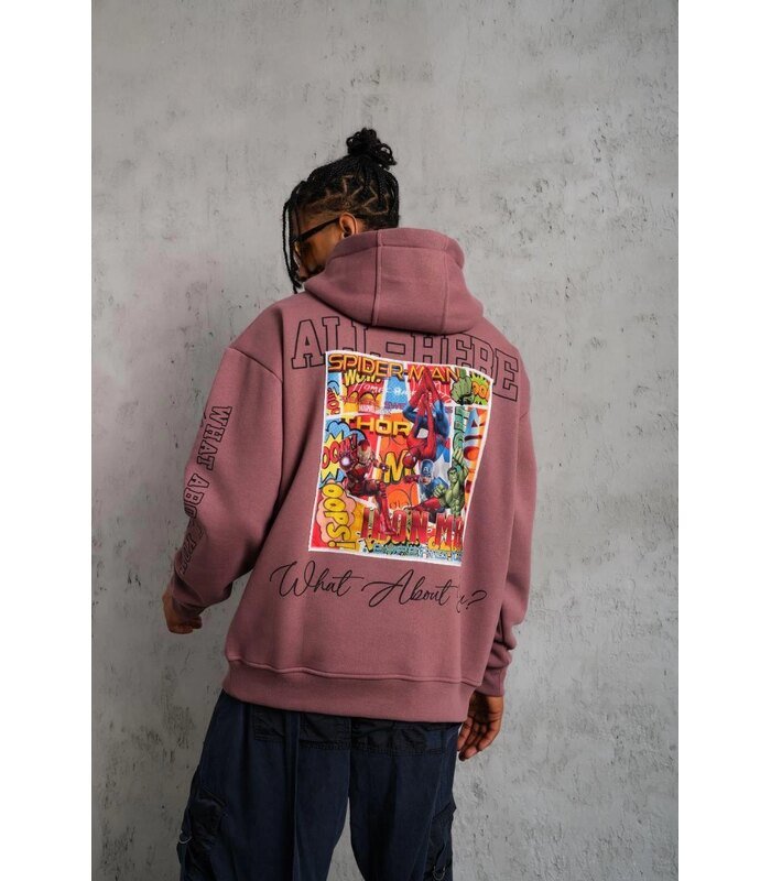 Erkek 3 İplik Pamuklu Kapüşonlu Baskılı Cepli Sweatshirt Hoodie - Gül Kurusu