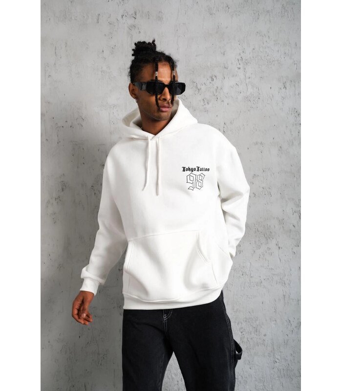 Erkek 98 Baskılı Kapşonlu 3 iplik pamuklu Sweatshirt hoodie - Beyaz