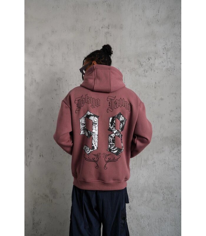 Erkek 3 İplik Pamuklu Kapüşonlu Baskılı Cepli Sweatshirt Hoodie - Gül Kurusu