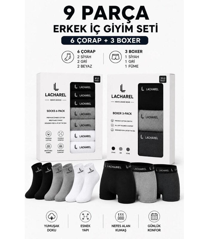 Erkek 9'Lu İç Giyim Seti Pamuklu 3 Boxer 6 Çorap Çoklu Paket - Siyah - Füme - Gri - Beyaz