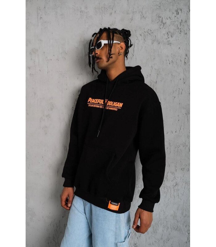 Erkek 3 İplik Pamuklu Kapüşonlu Baskılı Cepli Oversize Sweatshirt Hoodie - Siyah