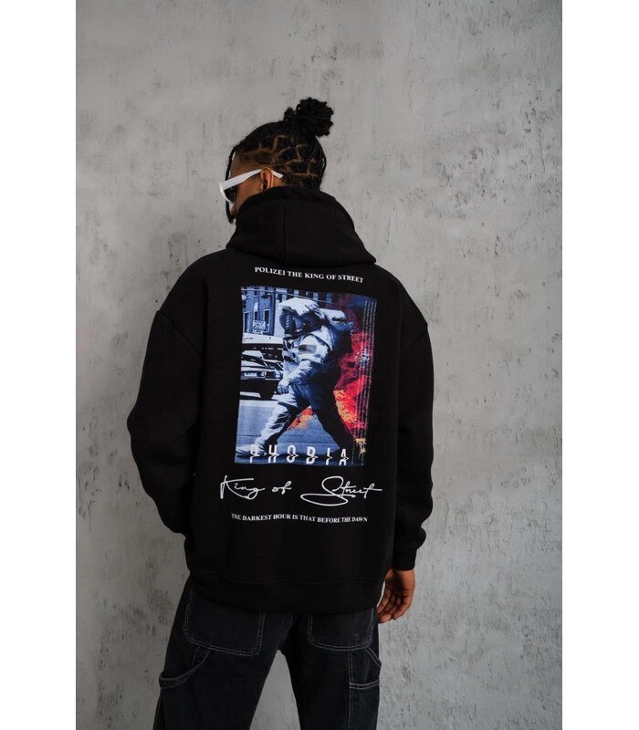 Erkek 3 İplik Pamuklu Kapüşonlu Baskılı Cepli Oversize Sweatshirt Hoodie - Siyah