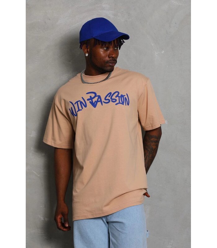 Erkek Baskılı Tişört Kısa Kol Bisiklet Yaka Oversize T-Shirt - Bej