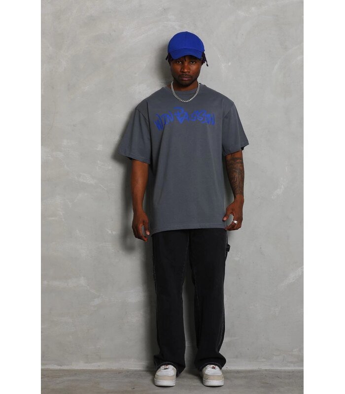 Erkek Baskılı Tişort Kısa Kol Bisiklet Yaka Oversize T-Shirt - Füme