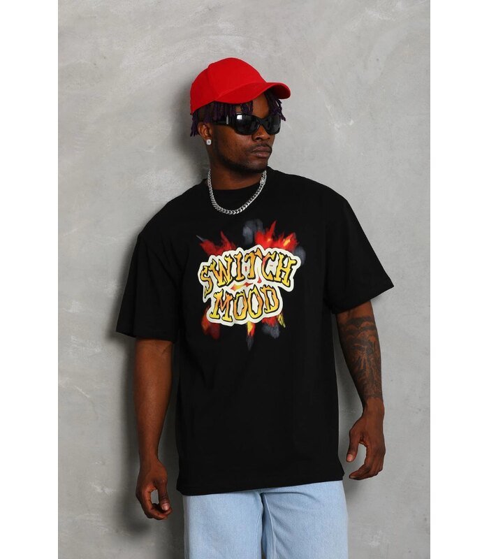 Erkek Baskılı T-Shirt Kısa Kol Bisiklet Yaka Rahat Kalıp Tişört - Siyah