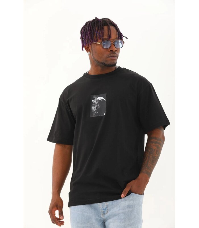 Erkek Kısa Kol Yazlık Tişört Bisiklet Yaka Baskılı Oversize T-Shirt - Siyah