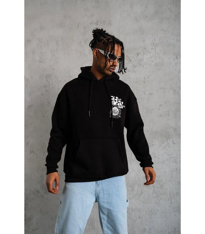 Erkek 3 İplik Pamuklu Kapüşonlu Baskılı Cepli Oversize Sweatshirt Hoodie - Siyah