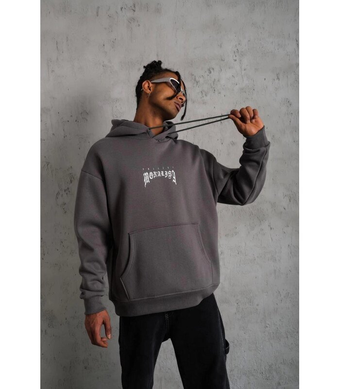 Erkek 3 İplik Pamuklu Kapüşonlu Baskılı Cepli Oversize Sweatshirt Hoodie - Gri