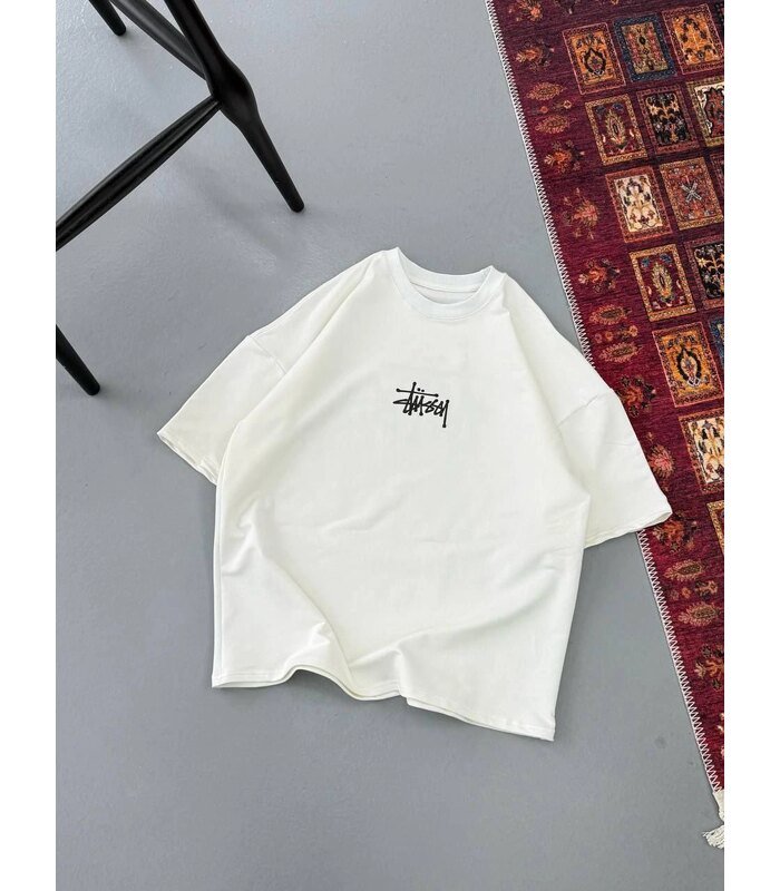 Erkek Kısa Kol Yazlık Tişört Bisiklet Yaka Baskılı Oversize T-Shirt - Beyaz