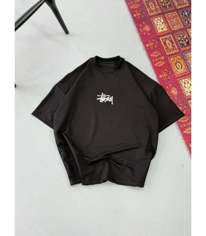 Erkek Kısa Kol Yazlık Tişört Bisiklet Yaka Baskılı Oversize T-Shirt - Siyah