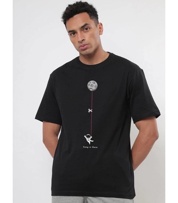 Erkek Baskılı T-Shirt Kısa Kol Bisiklet Yaka Regular Fit Rahat Kalıp Tişört - Siyah