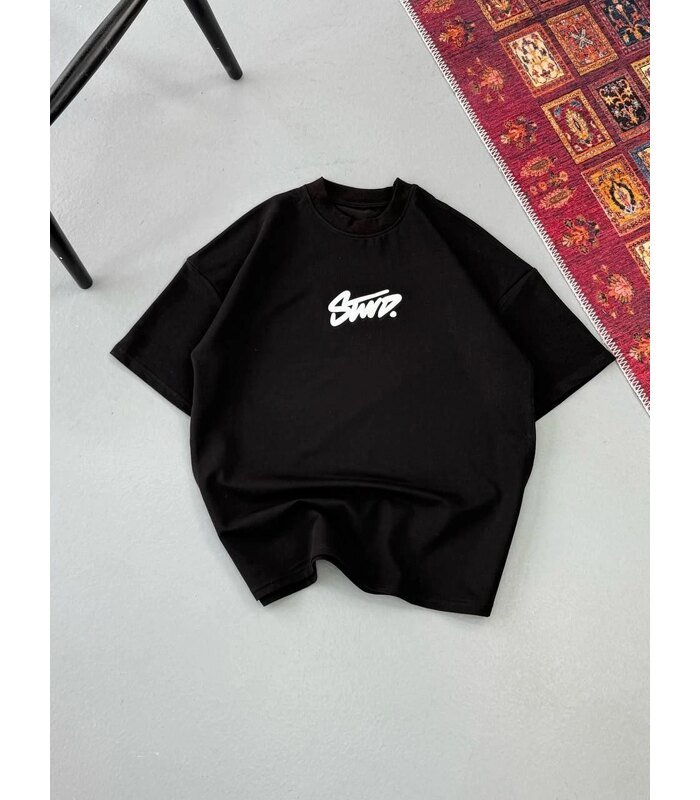 Erkek Kısa Kol Yazlık Tişört Bisiklet Yaka Baskılı Oversize T-Shirt - Siyah