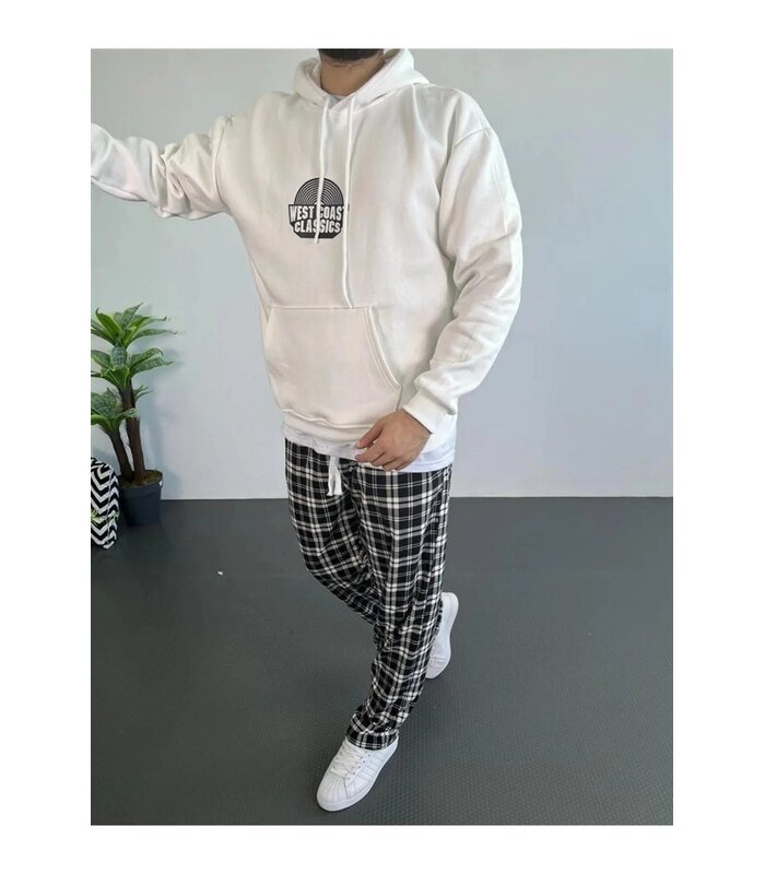 Erkek Kapüşonlu Kanguru Cepli Sweatshirt 3 İplik Pamuklu Baskılı Hoodie - Beyaz