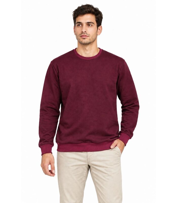 Erkek Bisiklet Yaka İçi Şardonlu 2 İplik Düz Uzun Kollu Regular Fit Sweatshirt -Bordo