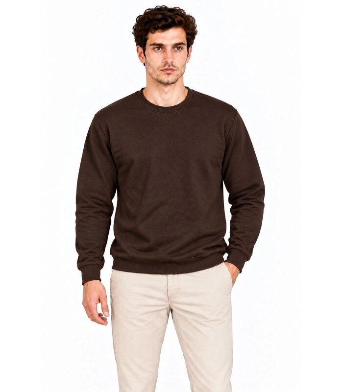 Erkek Bisiklet Yaka İçi Şardonlu 2 İplik Düz Uzun Kollu Regular Fit Sweatshirt - Kahverengi