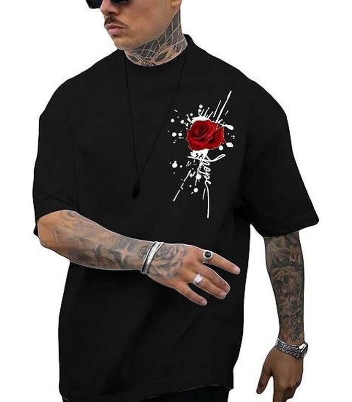 Erkek Kısa Kol Yazlık Tişört Bisiklet Yaka GÜL Baskılı T-Shirt - Siyah