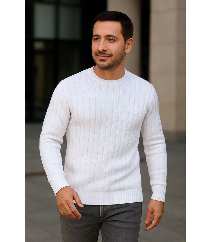Erkek Bisiklet Yaka Triko Kazak Pamuklu Kalın Fitilli Dokuma Regular Fit - Beyaz