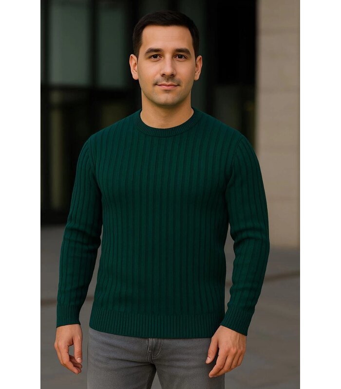 Erkek Bisiklet Yaka Triko Kazak Pamuklu Kalın Fitilli Dokuma Regular Fit - Haki