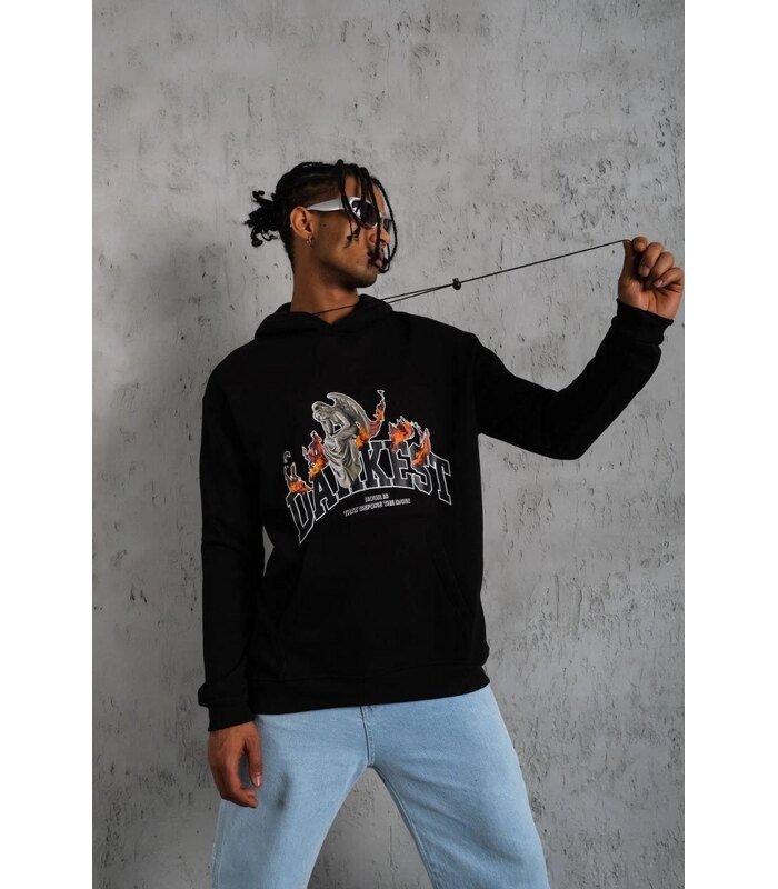 Erkek Kapüşonlu Kanguru Cepli Sweatshirt 3 İplik Pamuklu Baskılı Hoodie - Siyah