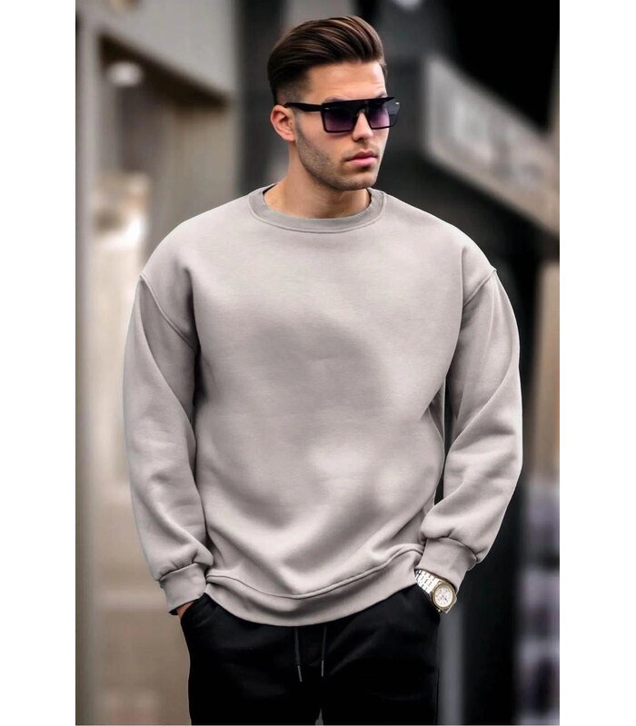Erkek Düz Bisiklet Yaka 3 iplik Sweatshirt - Boyalı Gri