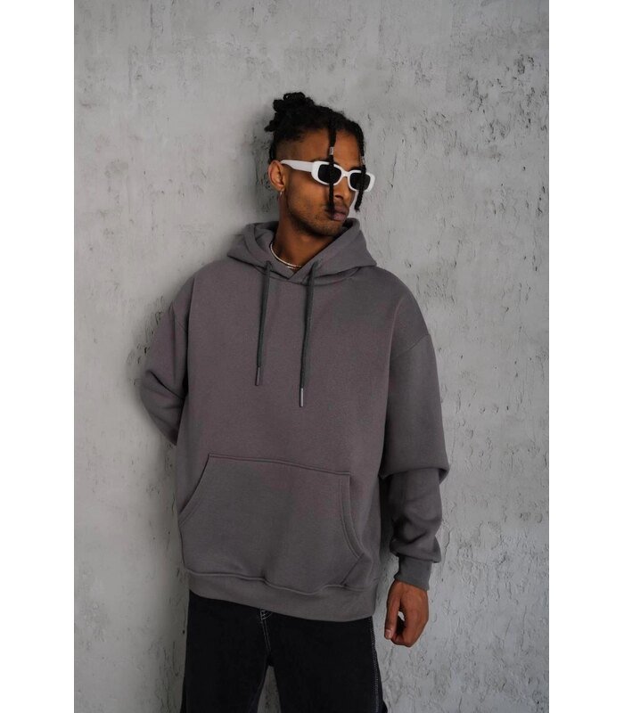 Erkek 3 İplik Pamuklu Kapüşonlu Kanguru Cepli Sweatshirt Hoodie - Gri