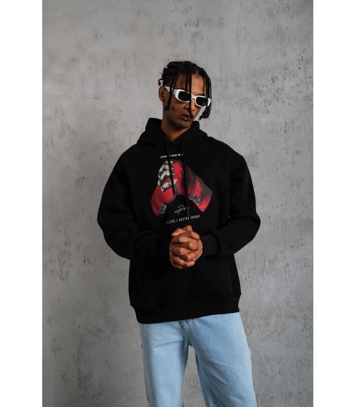 Erkek Kapüşonlu Cepli Box Eldiven Baskılı 3 İplik Sweatshirt Hoodie - Siyah