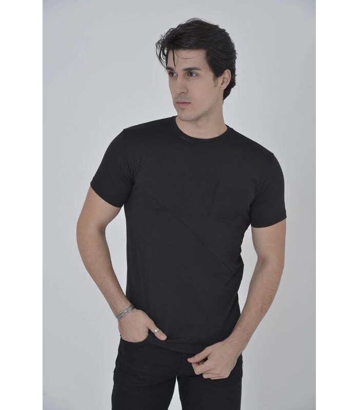 Erkek File Çepli T-Shirt Kısa Kol Bisiklet Yaka Slimfit Tişört - Siyah