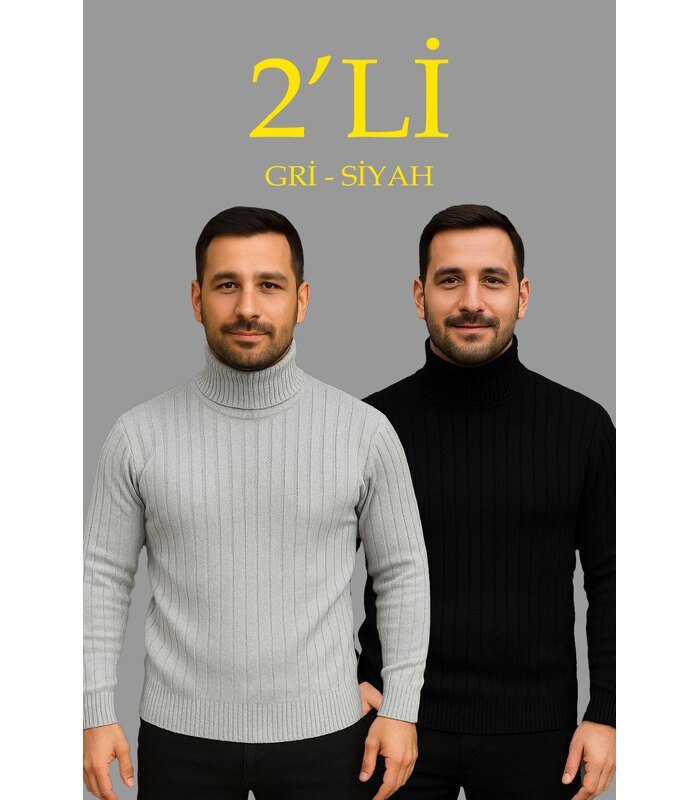 Erkek Fitilli Kazak Tam Boğazlı Balıkçı Yaka Triko 2'li Set Gri-Siyah