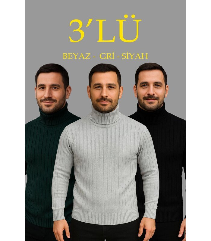 Erkek Fitilli Kazak Tam Boğazlı Balıkçı Yaka Triko 3'lü Set Gri-Haki-Siyah