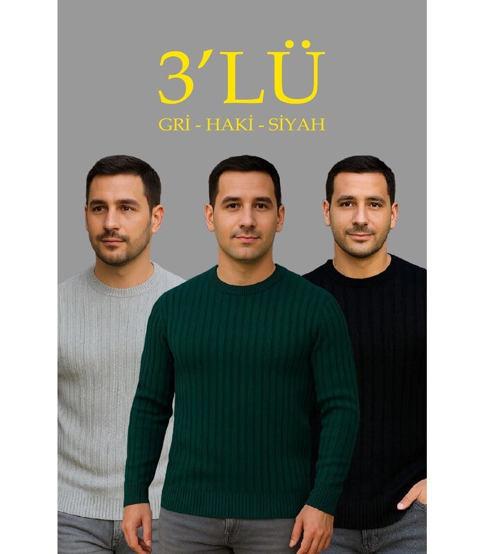 Erkek Fitilli Triko Bisiklet Yaka Kalın Kazak 3'lü Set Gri-Haki-Siyah