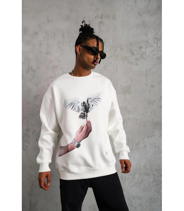 Erkek Güvercin Baskılı 3 iplik pamuklu Bisiklet Yaka Sweatshirt - Beyaz