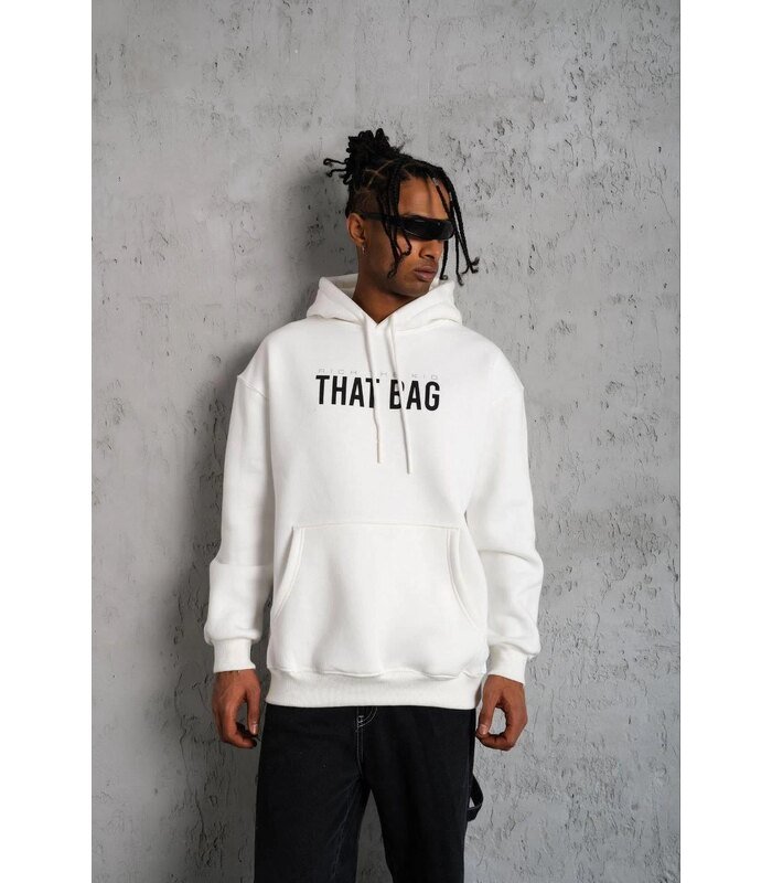 Erkek 3 İplik Pamuklu Kapüşonlu Baskılı Cepli Oversize Sweatshirt Hoodie - Beyaz