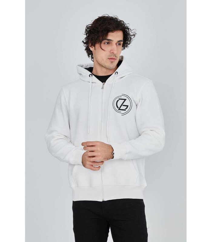 Erkek 3 İplik Pamuklu Fermuarlı Kapüşonlu Kanguru Cepli Baskılı Hoodie - Beyaz