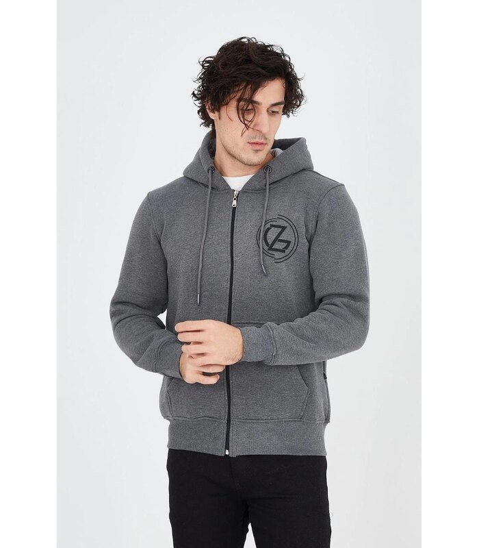 Erkek 3 İplik Pamuklu Fermuarlı Kapüşonlu Kanguru Cepli Baskılı Hoodie Hırka Sweatshirt - Füme