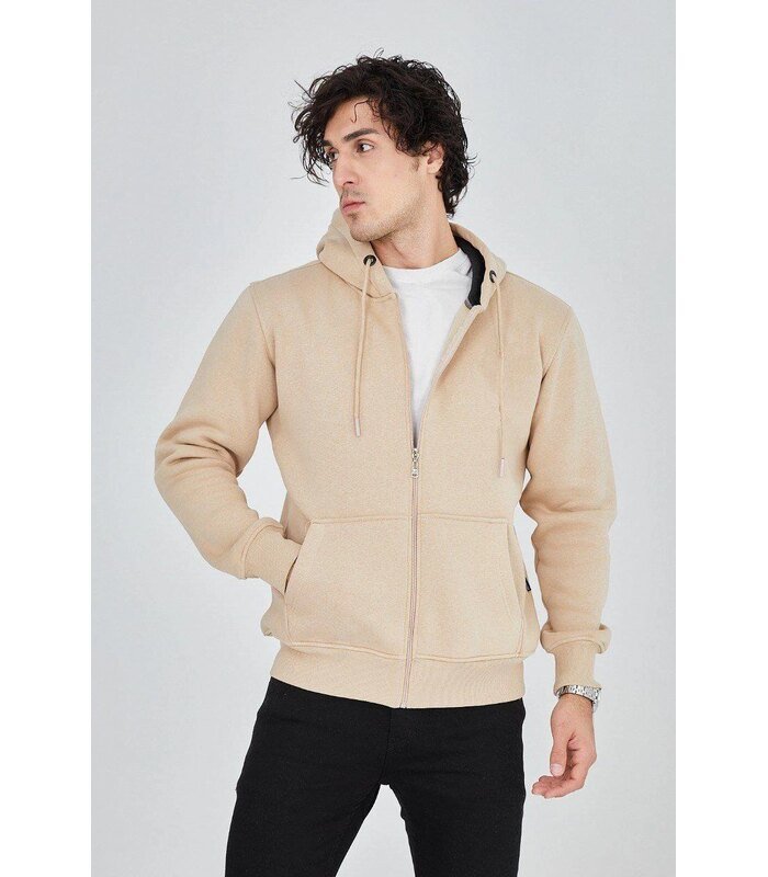 Erkek 3 İplik Pamuklu Fermuarlı Kapüşonlu Kanguru Cepli Hoodie Hırka Sweatshirt -Bej