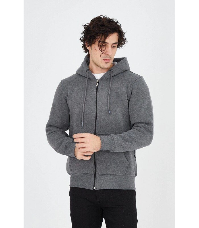 Erkek 3 İplik Pamuklu Fermuarlı Kapüşonlu Kanguru Cepli Hoodie Hırka Sweatshirt - Füme