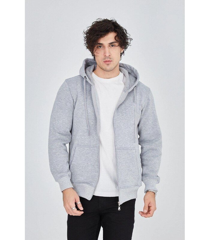 Erkek 3 İplik Pamuklu Fermuarlı Kapüşonlu Kanguru Cepli Hoodie Hırka Sweatshirt - Gri