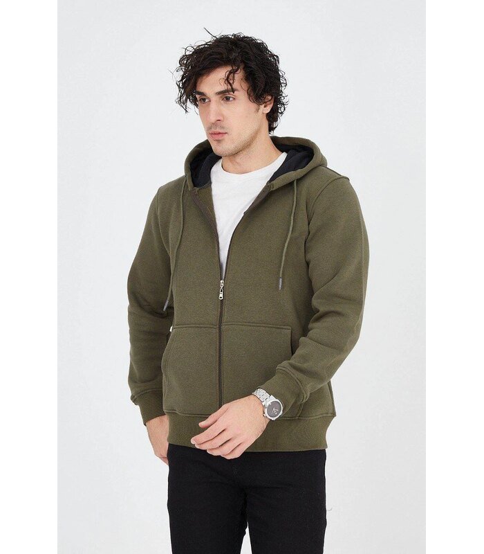 Erkek 3 İplik Pamuklu Fermuarlı Kapüşonlu Kanguru Cepli Hoodie Hırka Sweatshirt - Yeşil