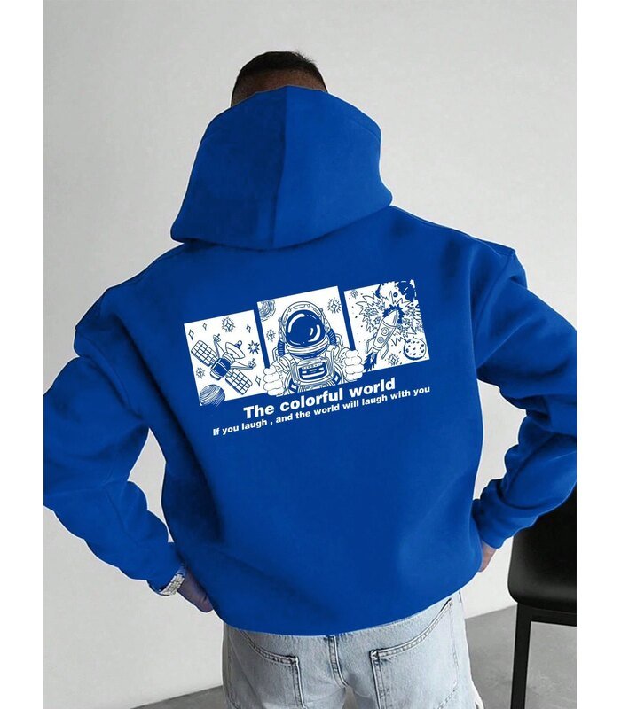 Erkek Baskılı Kapüşonlu Cepli Hoodie 3 İplik Pamuklu Sweatshirt - Saks Mavisi