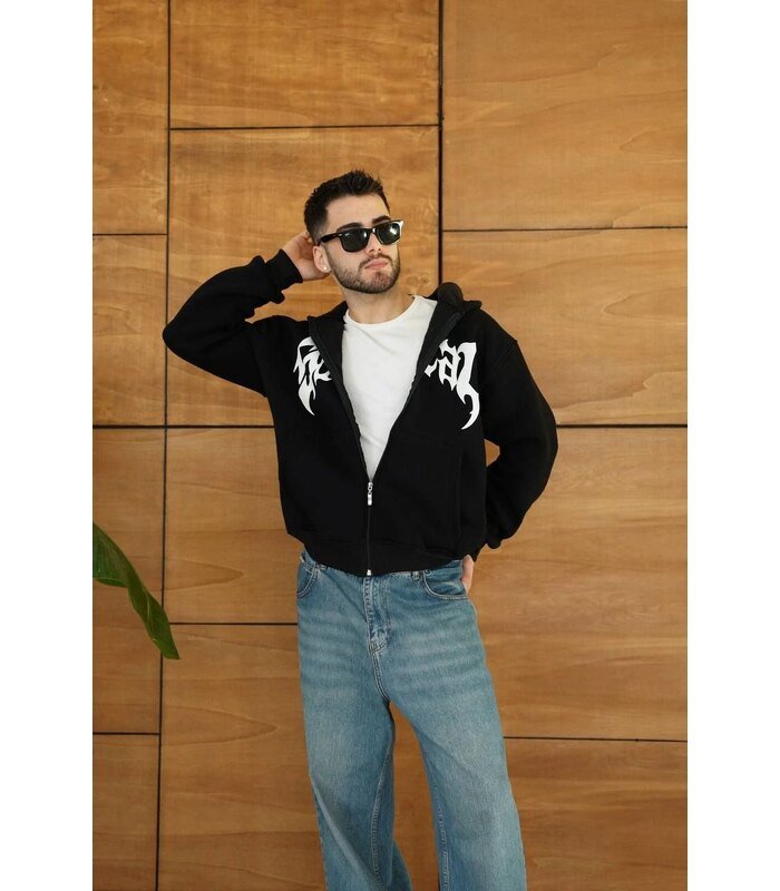 Erkek Kapüşonlu 3 İplik Şardonlu Önü Baskılı Fermuarlı Oversize Sweatshirt - Siyah