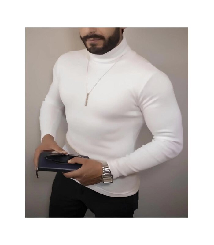 Erkek Kaşkorse Boğazlı Full Likralı Fitilli Body Kazak - Beyaz