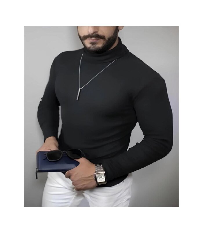 Erkek Kaşkorse Boğazlı Full Likralı Fitilli Body Kazak - Siyah